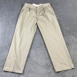 Farah Mens Khaki Pleated Chino Pants 38x32 Tan Cotton Twill Relaxed Trousers‎